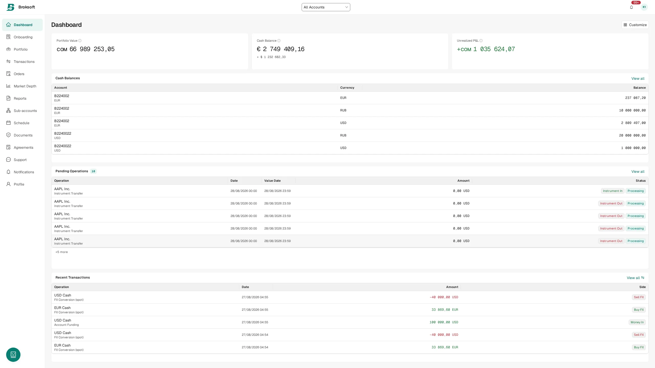 Client portal: portfolio, cash balances and recent transactions